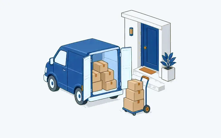 貨車尾門打開，旁邊手推車上疊住幾個儲物紙箱，停喺住宅門口
